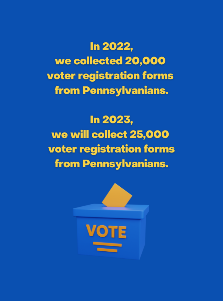 Graphic that states: "Last year we registered 20,000 Pennsylvanians to vote. This year we’ll be registering 25,000 Pennsylvanians to vote